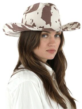 Freestyle Cowhide-Pattern Wide Brim Hat - Brown & Cream